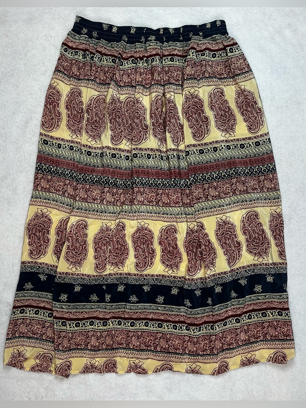Neiman Marcus Womens XL 100% Silk Paisley Maxi Skirt Elastic Waist Boho Burgundy